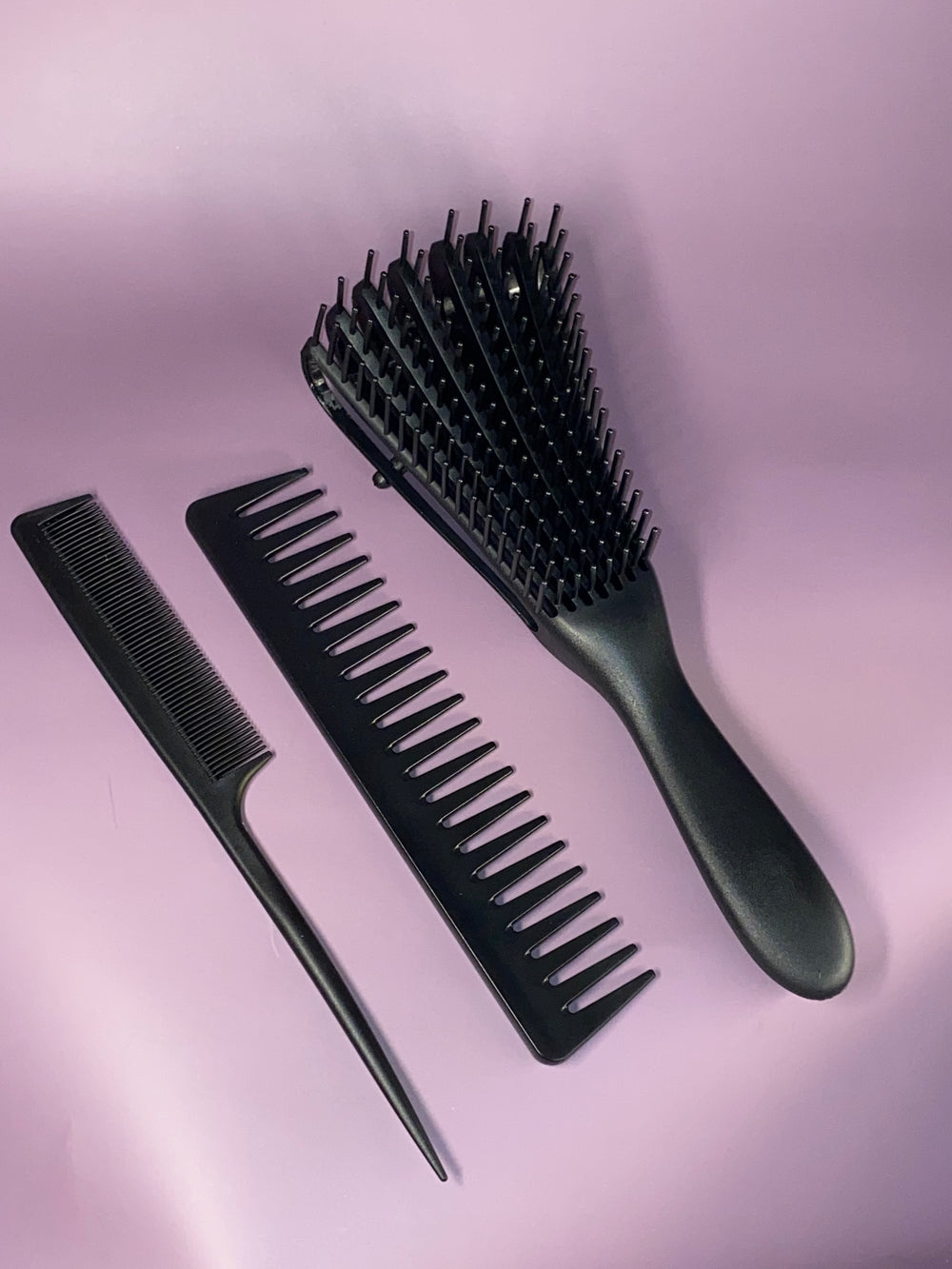 Detangler Brush, Wide Tooth & Tail Comb Set (Black)