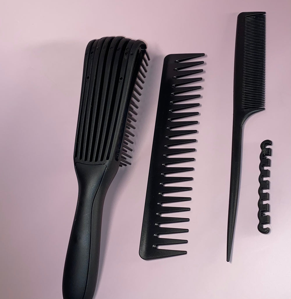 Detangler Brush, Wide Tooth & Tail Comb Set (Black)