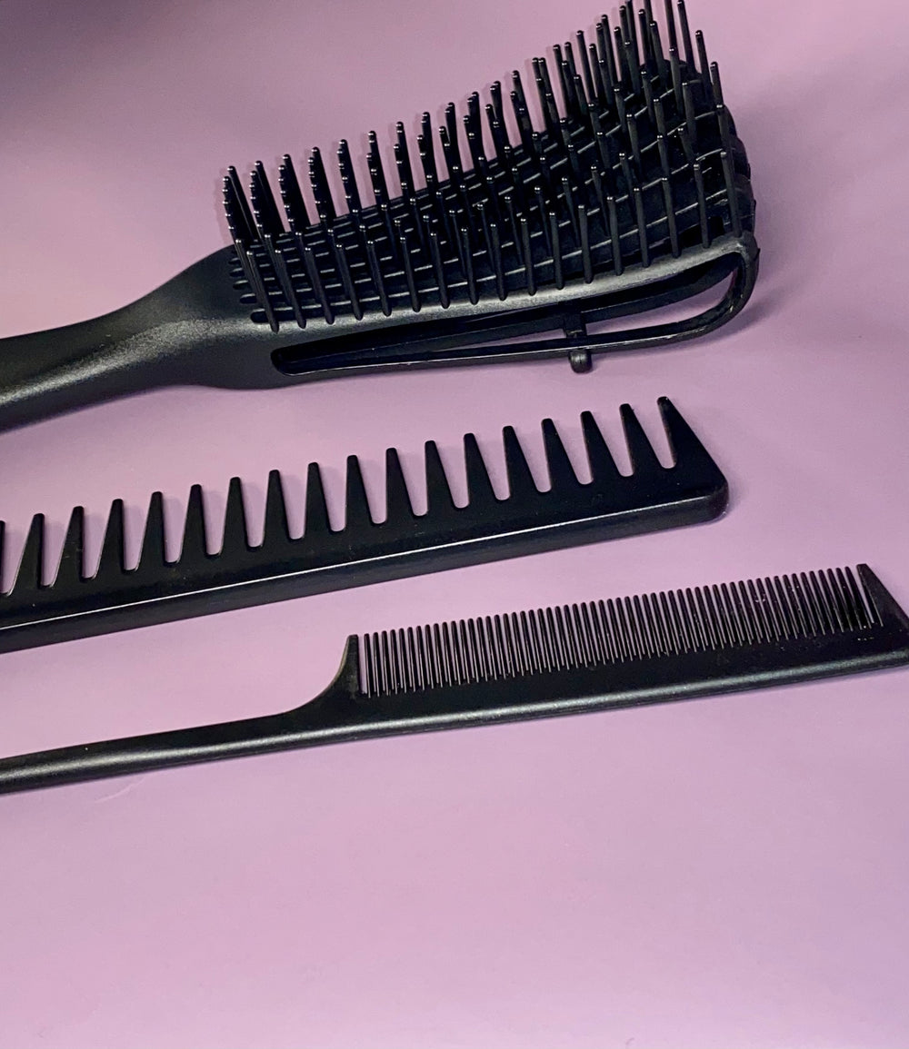 Detangler Brush, Wide Tooth & Tail Comb Set (Black)
